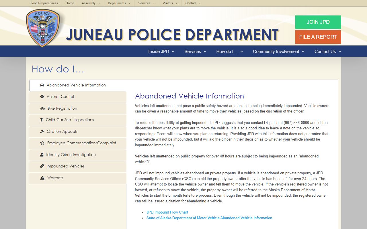 Juneau City and Borough Juneau Police public information page bench warrants screenshot