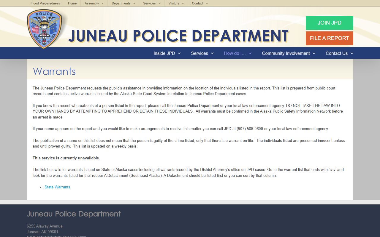 Juneau bench warrants JPD weekly warrants report