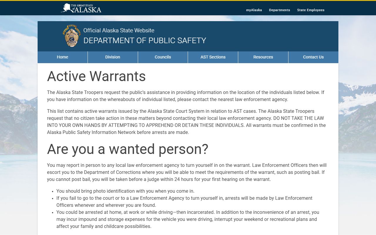 Alaska DPS Active Bench Warrants Database screenshot