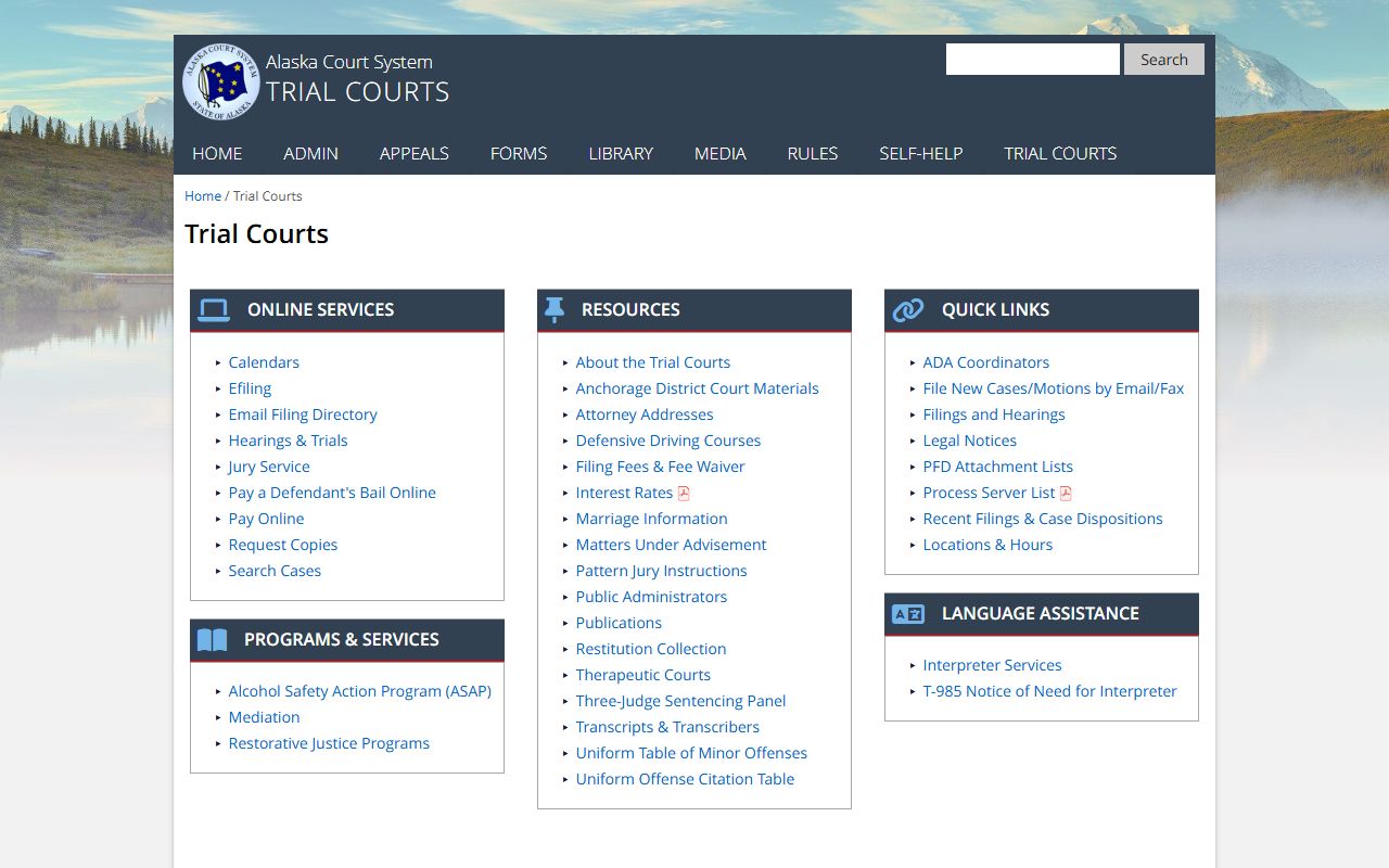 Alaska Trial Courts records request page for bench warrants screenshot